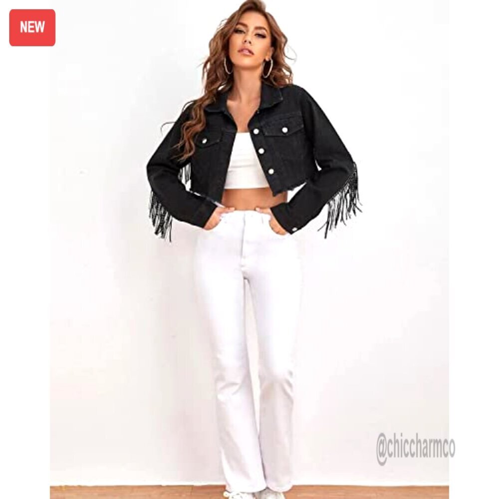 Fringe Tassel Distressed Ripped Crop Denim Jacket - Picture 5 of 7